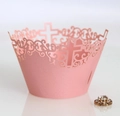 Intricate laser-cut cross and vine patterns on pale pink cupcake wrappers for weddings - 5cm / Pink