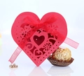 Laser-cut red heart gift box with intricate floral hollow patterns and silk ribbon - Pearlescent Red