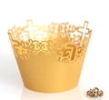 Detail of laser-cut gold cupcake wrappers with cross patterns and a decorative rhinestone - 5cm / Gold