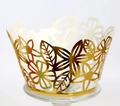 Golden laser-cut hollow floral cupcake wrapper for wedding party cake decoration - Reflective Gold