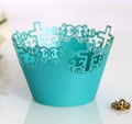 Detail of laser-cut cross pattern on light blue cupcake wrapper with pearlescent finish - 5cm / Teal Blue