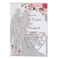 Elegante lasergeschnittene Glitzer-Hochzeitseinladung mit Mr & Mrs Silhouette und Blumeneinlage - Silber