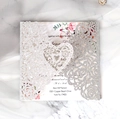 Intricate laser-cut silver glitter heart wedding invitation with pink rose floral card - Silver Glitter (HK-334)