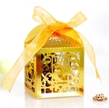 Golden laser-cut wedding candy box with intricate bird pattern and organza ribbon - Reflective Gold
