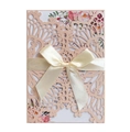 Laser cut light pink wedding invitation with floral insert and silk ribbon bow - Nude Pink