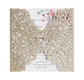 Laser cut champagne gold glitter wedding invitation with floral inner card detail - Light Gold Glitter