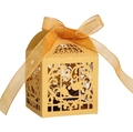 Golden laser-cut wedding favor box with hollow floral bird pattern and ribbon bow - Gold