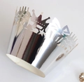 Silver laser-cut lace cake wrappers with crown and star patterns for party decor - Reflective Silver