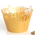 Golden laser-cut cupcake wrappers with elegant cross patterns for wedding parties - Gold