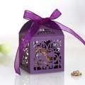 Detailed laser-cut dark purple candy box featuring bird patterns and matching silk ribbon bow - Dark Purple