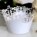 Elegant white laser-cut cross lace cupcake wrappers for baptism or wedding decor - 5cm / White
