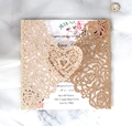Faire-part mariage découpé au laser doré pailleté avec carte intérieure fleurie rose - Or Rose (HK-334)