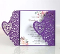 Laser cut purple rose and heart wedding invitation with floral printed inner card - Dark Purple