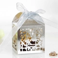 Detailed laser-cut silver favor box with birds motif and a light blue silk ribbon bow - Reflective Silver