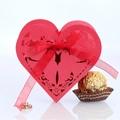 Laser-cut red heart wedding favor box with floral patterns and a satin ribbon bow - 50 Pieces / Pearlescent Red