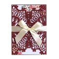 Intricate laser-cut burgundy wedding invitation with champagne ribbon and floral inner card - Dark Red