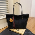 Large black corduroy tote bag with plush bear charm and slender leather straps - Black with Pendant