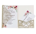 Close-up of laser-cut glitter wedding invitation with floral insert and RSVP card - Light Gold Glitter