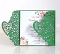 Laser-cut heart and floral wedding invitation with green hollow sleeve and pink roses - Dark Green