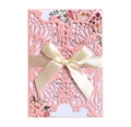 Detailed laser-cut pink wedding invitation card with satin bow and floral inner - Pink