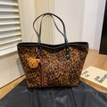 Retro leopard print corduroy tote bag with black leather straps and plush bear charm - Leopard Print With Charm
