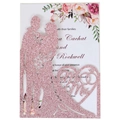 Lasercut Hochzeitskarte mit rosa Glitzer, Blumenmuster und Mr & Mrs Silhouette - Rosa