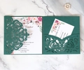 Detail view of laser-cut dark green wedding invitation set with elegant floral insert - Vine Pattern Hollow Fold With RSVP Card (HK-125)