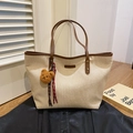 Beige corduroy tote bag with brown leather handles and plush bear charm for daily commute - White with Pendant
