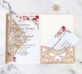 Detail of laser-cut glitter gold wedding invitation set with floral inner card - Rose Gold