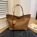 Brown corduroy tote bag with plush bear charm and dark brown leather handles - Brown with Pendant