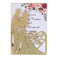 Glitter gold laser cut wedding invitation with Mr & Mrs silhouette and floral inner card - Gold
