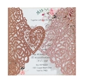 Laser cut rose gold glitter wedding invitation with heart floral hollow design - Glitter Champagne Gold