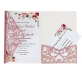 Detail of laser-cut glitter wedding invitation set with floral design and RSVP card - Glitter Pink
