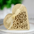 Detail of champagne gold heart-shaped gift box with laser-cut rose patterns and ribbon - Beige Gold