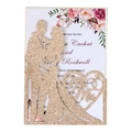 Laser-cut wedding invitation in rose gold glitter finish with Mr & Mrs silhouettes - Rose Gold