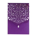 Purple laser-cut wedding invitation featuring rose patterns and a teardrop crystal accent - Dark Purple