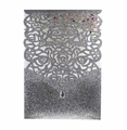 Macro detail of silver glitter laser-cut rose wedding invitation with a teardrop rhinestone - Glitter Charcoal Silver