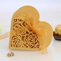 Golden heart favor box with laser-cut rose patterns and matching organza ribbon - Gold