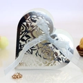 Silver heart-shaped wedding favor box with rose laser-cut patterns and light blue ribbon - Reflective Silver