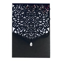 Elegant laser cut black wedding invitation cover with rose patterns and crystal drop - Black