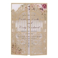Detail of laser-cut gold gate wedding invitation with floral insert on white background - Champagne Gold