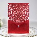 Red glitter laser cut wedding invitation with rose hollow pattern and teardrop crystal - Red