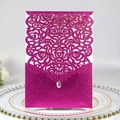 Magenta glitter rose laser-cut wedding invitation cover with teardrop rhinestone - Purplish Red