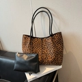 Leopard print tote bag with black leather pouch and minimalist slim handles - Leopard Print