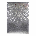 Silver glitter laser-cut rose wedding invitation sleeve with teardrop rhinestone - Silver Charcoal