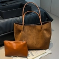 Brown suede tote bag and caramel leather pouch two-piece set for stylish women - Brown
