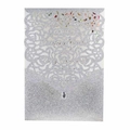 Silver laser cut rose invitation cover with glitter finish and teardrop gemstone - Silver