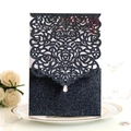 Glittery black laser-cut wedding invitation featuring rose patterns and a crystal stone - Deep Blue