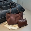 Brown suede minimalist tote bag set with a matching small leather zipper pouch - Brown