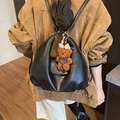 Chic black pleated hobo backpack for women with a cute brown plush bear charm - Black with Pendant